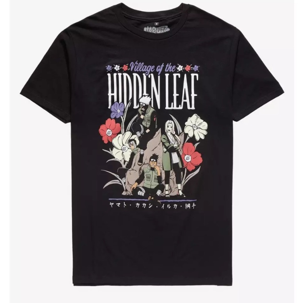 Naruto Shippuden Hidden Leaf Village floral black t-shirt BoxLunch exclusive.
